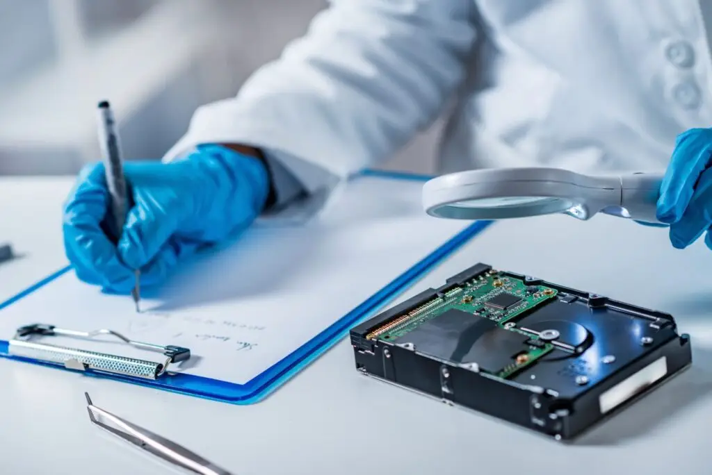 Technician in a lab examining a hard drive with a magnifier and taking notes