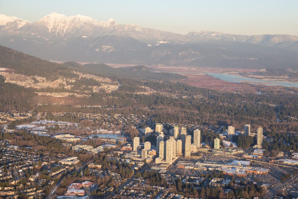 Aerial view of Coquitlam Center Mall during a vibrant sunset