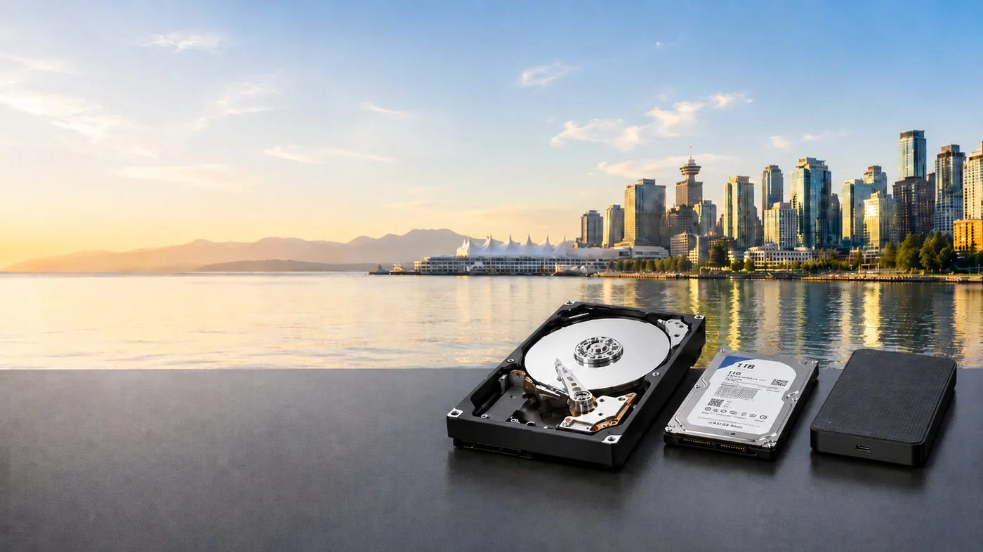 Open hard drive with Vancouver skyline, TeraDrive BC data recovery lab