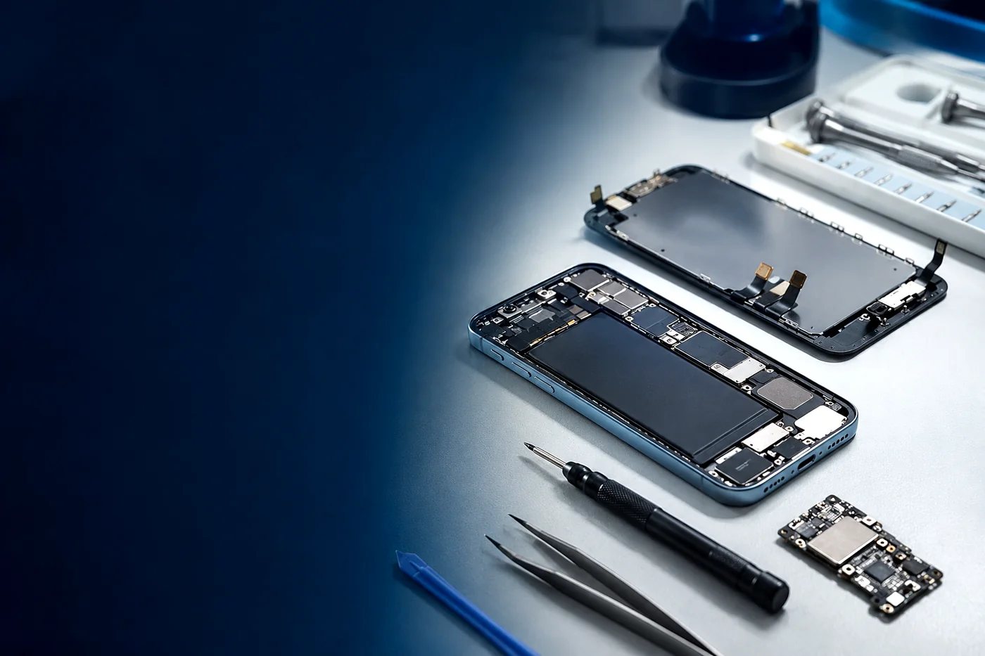 Disassembled smartphone with repair tools in TeraDrive BC mobile recovery lab