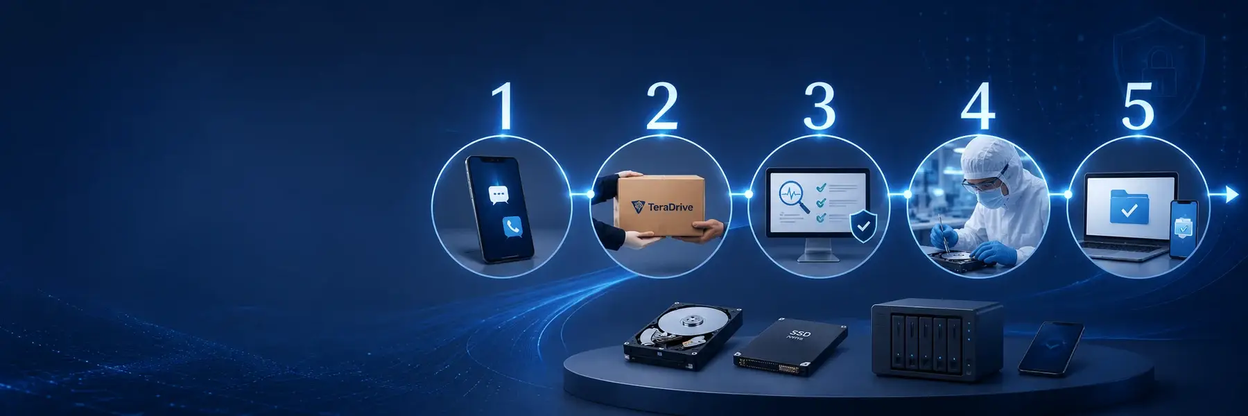 TeraDrive 5-step data recovery process: contact, ship, diagnose, recover, return