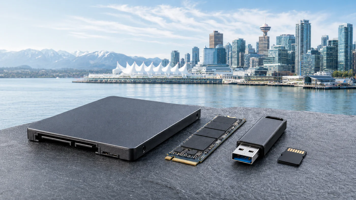 SSD, NVMe, USB flash and microSD with Vancouver skyline, TeraDrive BC data recovery