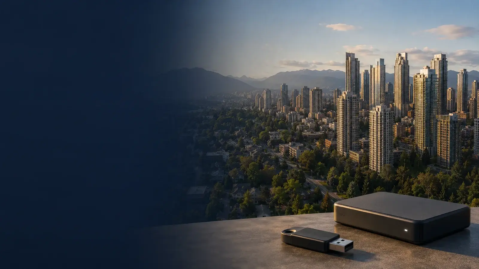 Burnaby BC Metrotown skyline with external hard drive and USB, TeraDrive data recovery