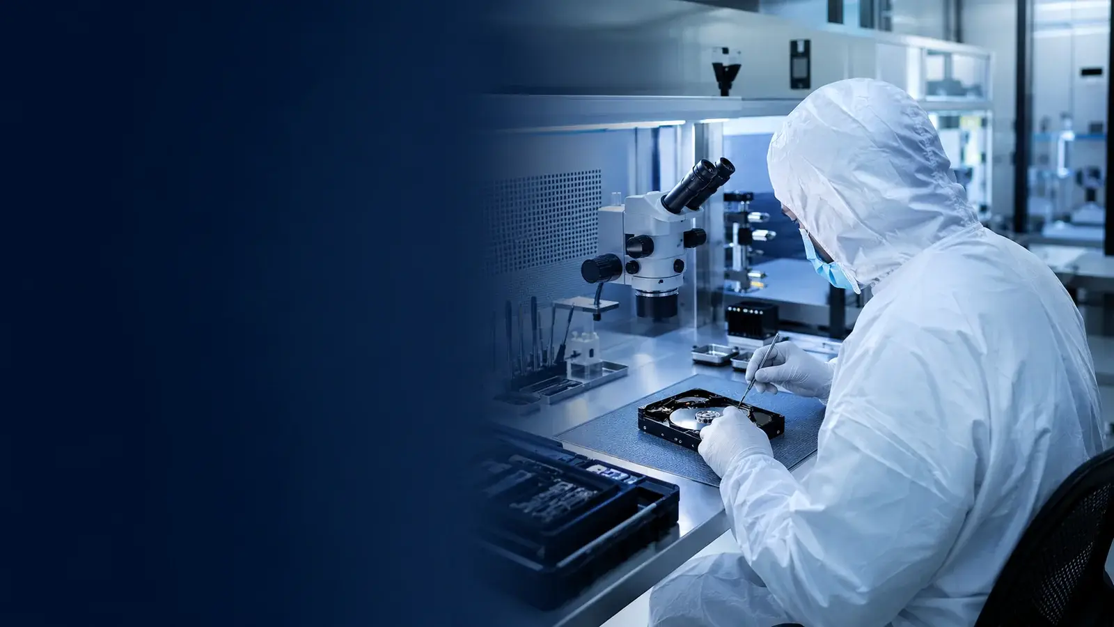 TeraDrive data recovery lab in Langley BC, cleanroom technician at work