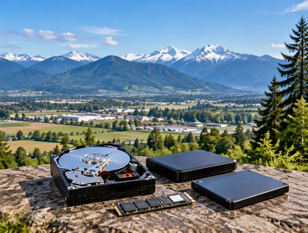 Abbotsford farmland and the Fraser Valley with snow-capped mountains, and an opened hard drive, SSD and external drive in the foreground, TeraDrive data recovery