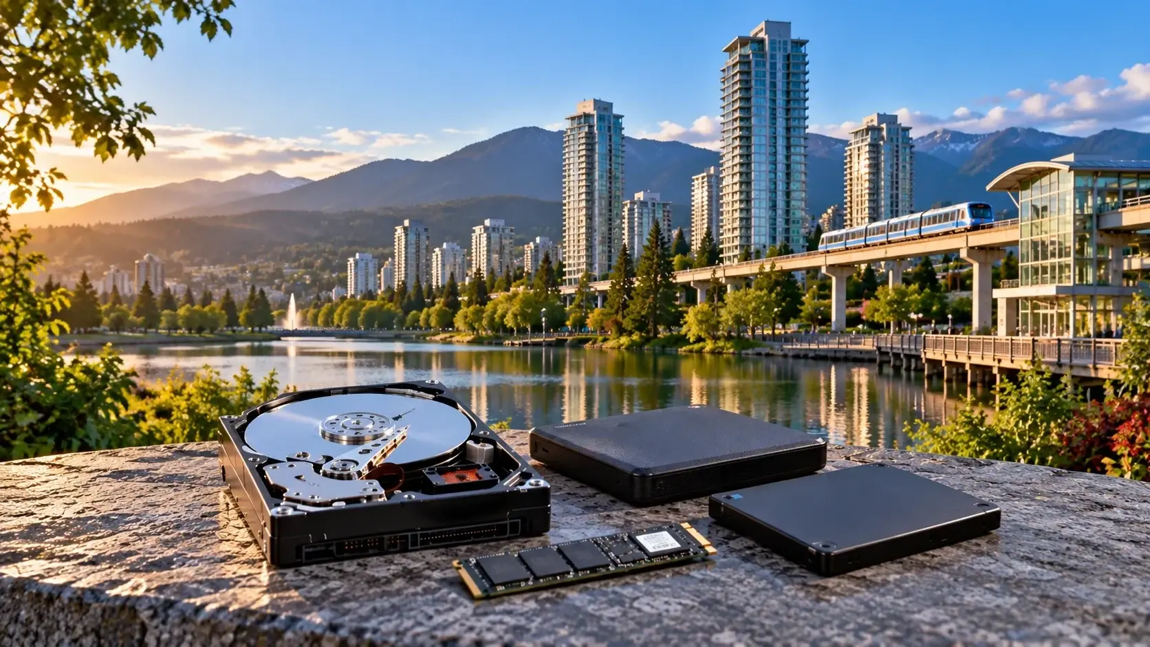 Coquitlam Lafarge Lake with the Evergreen SkyTrain line, City Centre towers and mountains at sunset, and an opened hard drive, SSD and external drive in the foreground, TeraDrive data recovery