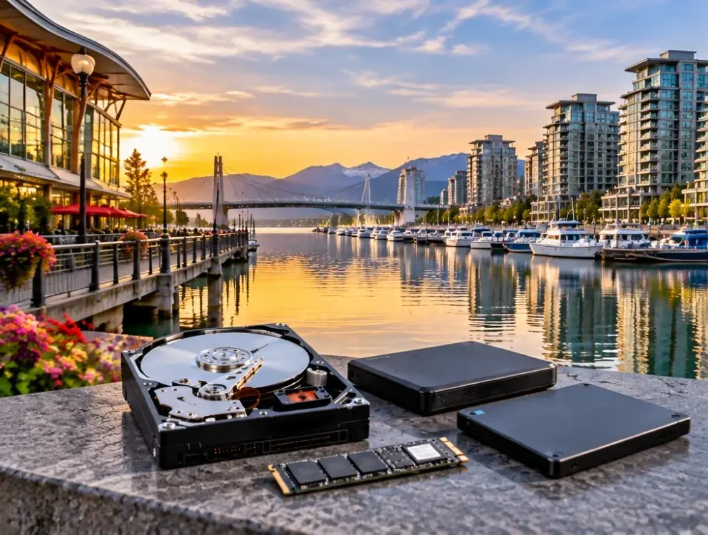 Richmond BC riverfront at sunset with the Olympic Oval, condo towers and moored boats, and an opened hard drive, SSD and external drive in the foreground, TeraDrive data recovery