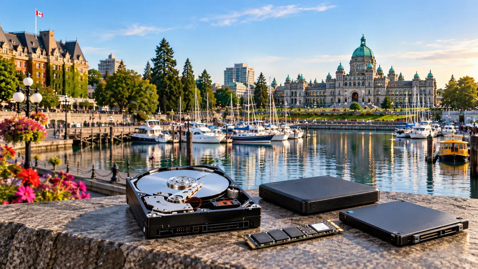 Victoria Inner Harbour and the BC Parliament Buildings with an opened hard drive, SSD and external drive in the foreground, TeraDrive data recovery