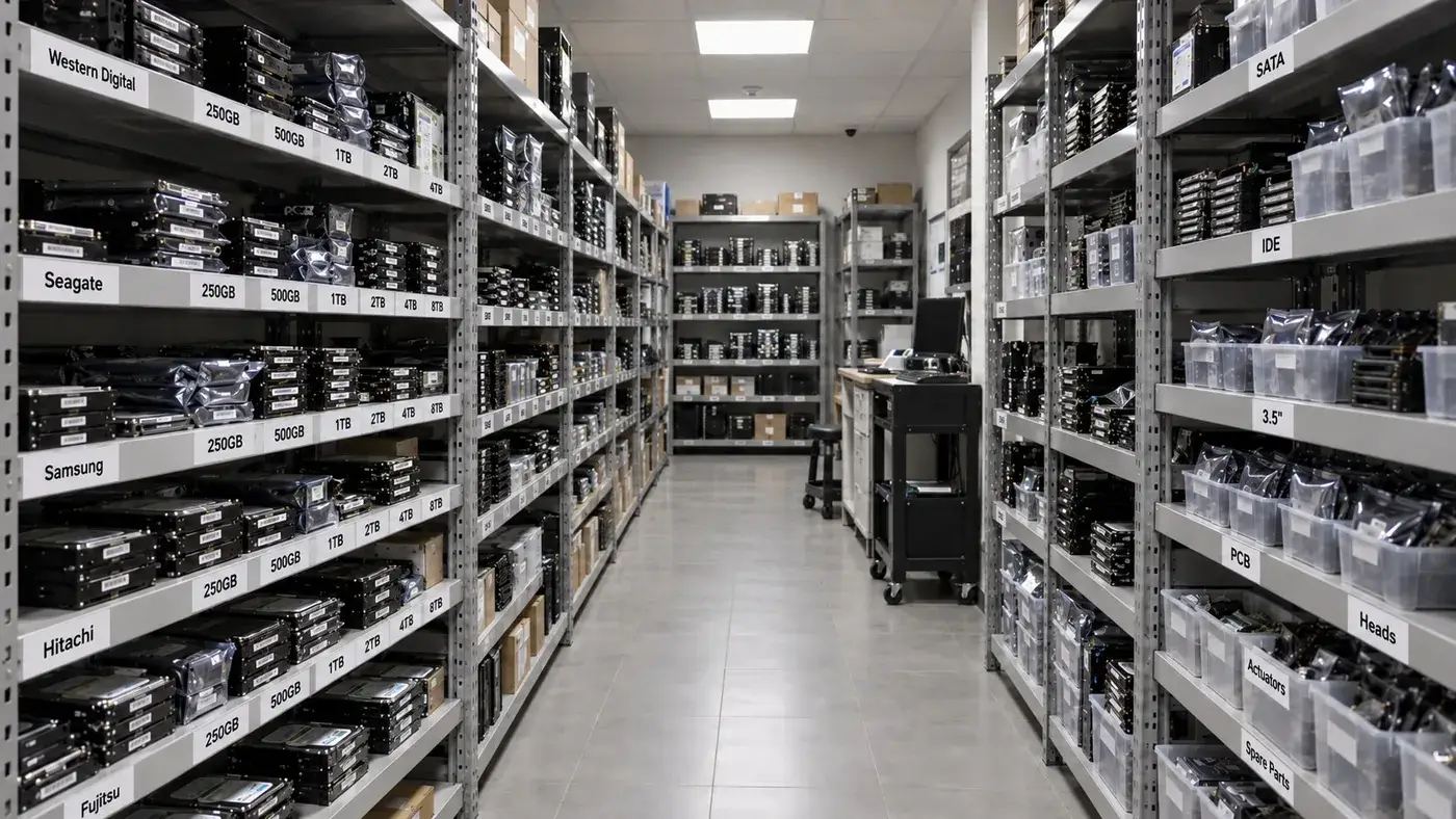 Donor drive library: shelves of hard drives sorted by brand and capacity, with heads, PCBs and actuators in labelled bins