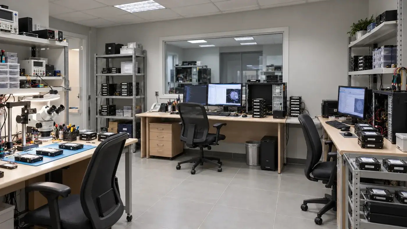 Microscope station and labelled drives on a blue anti-static mat in the TeraDrive lab